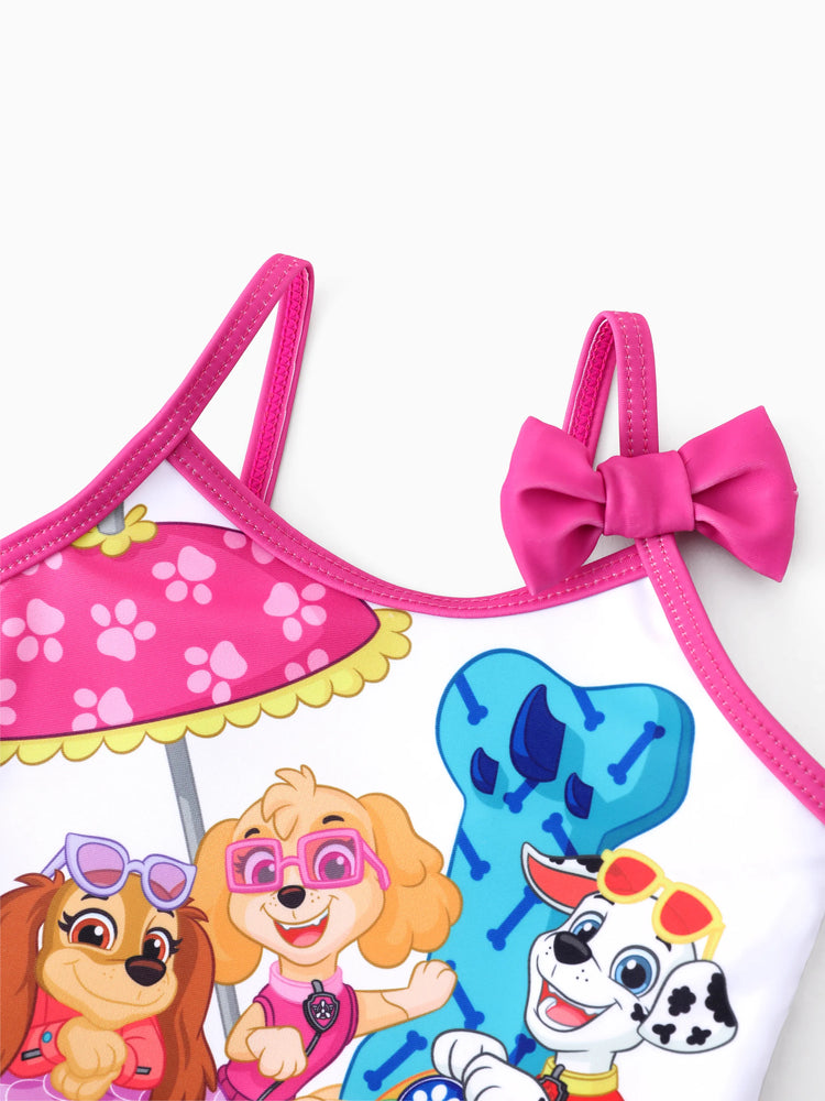 Maillot de bain 1 pièce Pat'Patrouille pour petite fille, Marshall, Skye et Liberty, nœud papillon, volants, sans manches, UPF 50+, rose vif