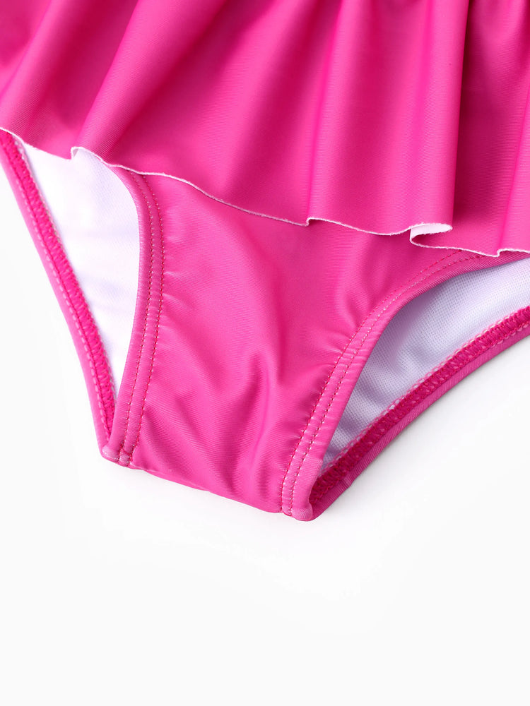 Maillot de bain 1 pièce Pat'Patrouille pour petite fille, Marshall, Skye et Liberty, nœud papillon, volants, sans manches, UPF 50+, rose vif