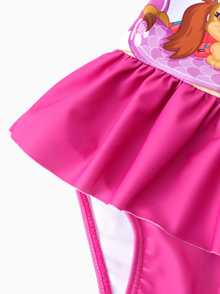Maillot de bain 1 pièce Pat'Patrouille pour petite fille, Marshall, Skye et Liberty, nœud papillon, volants, sans manches, UPF 50+, rose vif
