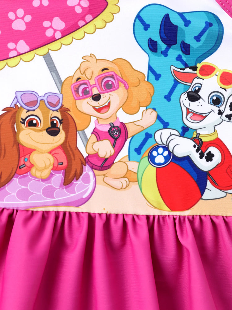 Maillot de bain 1 pièce Pat'Patrouille pour petite fille, Marshall, Skye et Liberty, nœud papillon, volants, sans manches, UPF 50+, rose vif