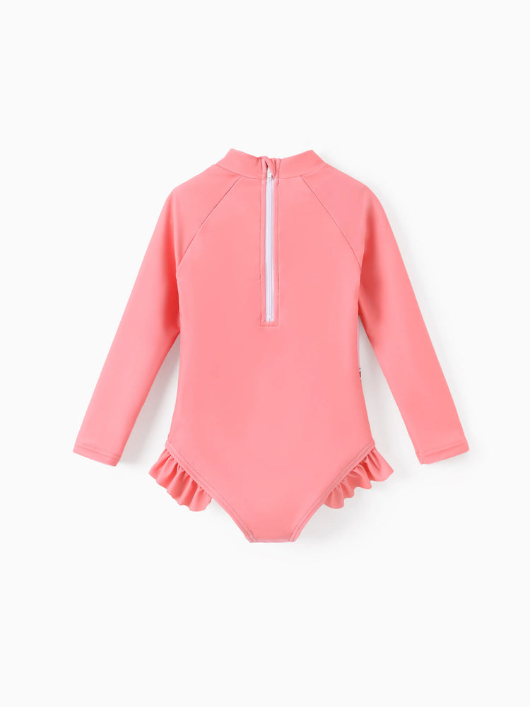 Traje de baño de manga larga con volantes y cremallera en bloques de color rosa oscuro de la princesa Disney Ariel para niña pequeña. Protección solar UPF 40+.