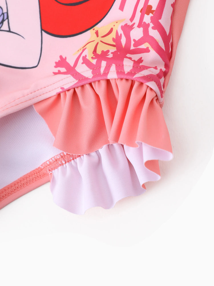 Traje de baño de manga larga con volantes y cremallera en bloques de color rosa oscuro de la princesa Disney Ariel para niña pequeña. Protección solar UPF 40+.