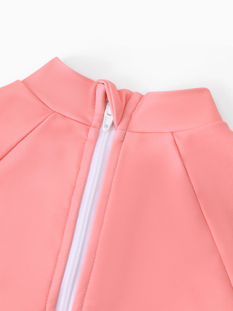 Traje de baño de manga larga con volantes y cremallera en bloques de color rosa oscuro de la princesa Disney Ariel para niña pequeña. Protección solar UPF 40+.