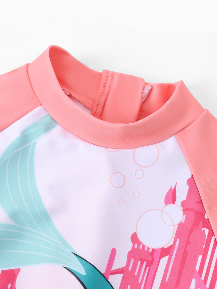 Traje de baño de manga larga con volantes y cremallera en bloques de color rosa oscuro de la princesa Disney Ariel para niña pequeña. Protección solar UPF 40+.