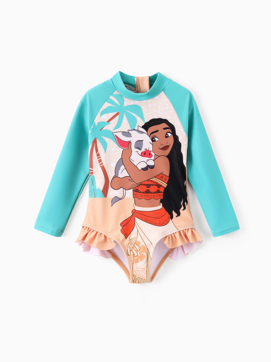 Disney Princess Toddler Girl 1pc Moana Colorblock Ruffled Zipper UPF 40+ Long-sleeve Swimsuit Turquoise