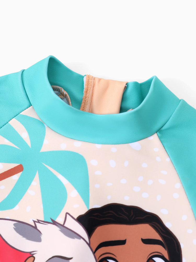 Disney Princess Toddler Girl 1pc Moana Colorblock Ruffled Zipper UPF 40+ Long-sleeve Swimsuit Turquoise