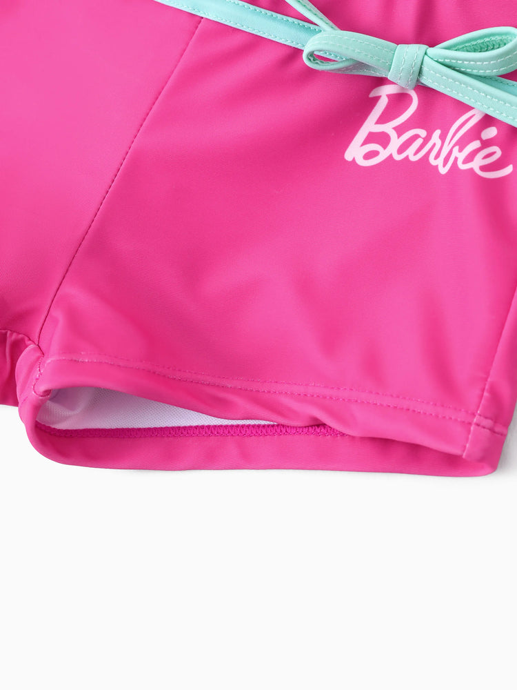 Ensemble maillot de bain 2 pièces Barbie pour petite fille, avec lunettes à rayures, imprimé cocotier, débardeur et short à nœud papillon, protection UPF 50+, rose vif