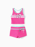Ensemble maillot de bain 2 pièces Barbie pour petite fille, avec lunettes à rayures, imprimé cocotier, débardeur et short à nœud papillon, protection UPF 50+, rose vif