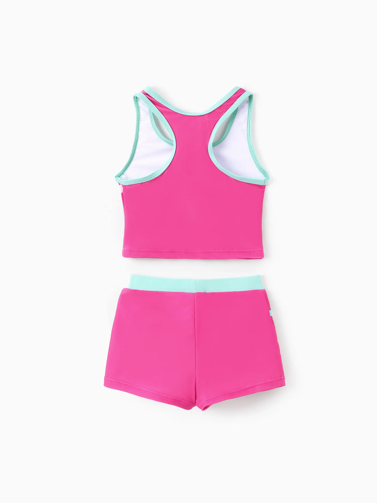 Ensemble maillot de bain 2 pièces Barbie pour petite fille, avec lunettes à rayures, imprimé cocotier, débardeur et short à nœud papillon, protection UPF 50+, rose vif