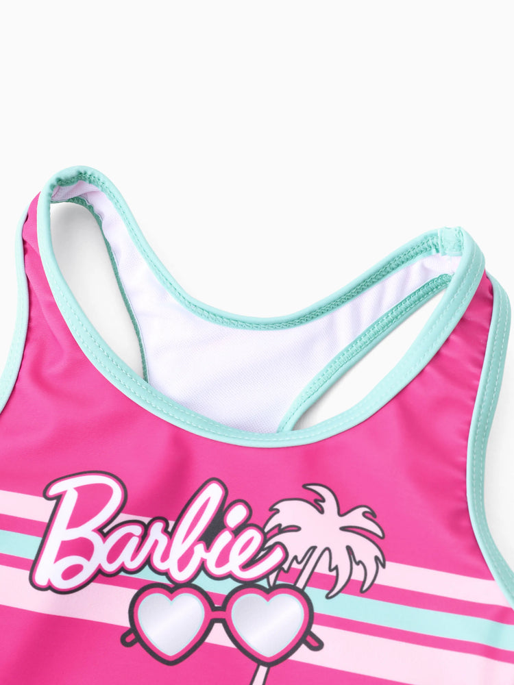 Ensemble maillot de bain 2 pièces Barbie pour petite fille, avec lunettes à rayures, imprimé cocotier, débardeur et short à nœud papillon, protection UPF 50+, rose vif