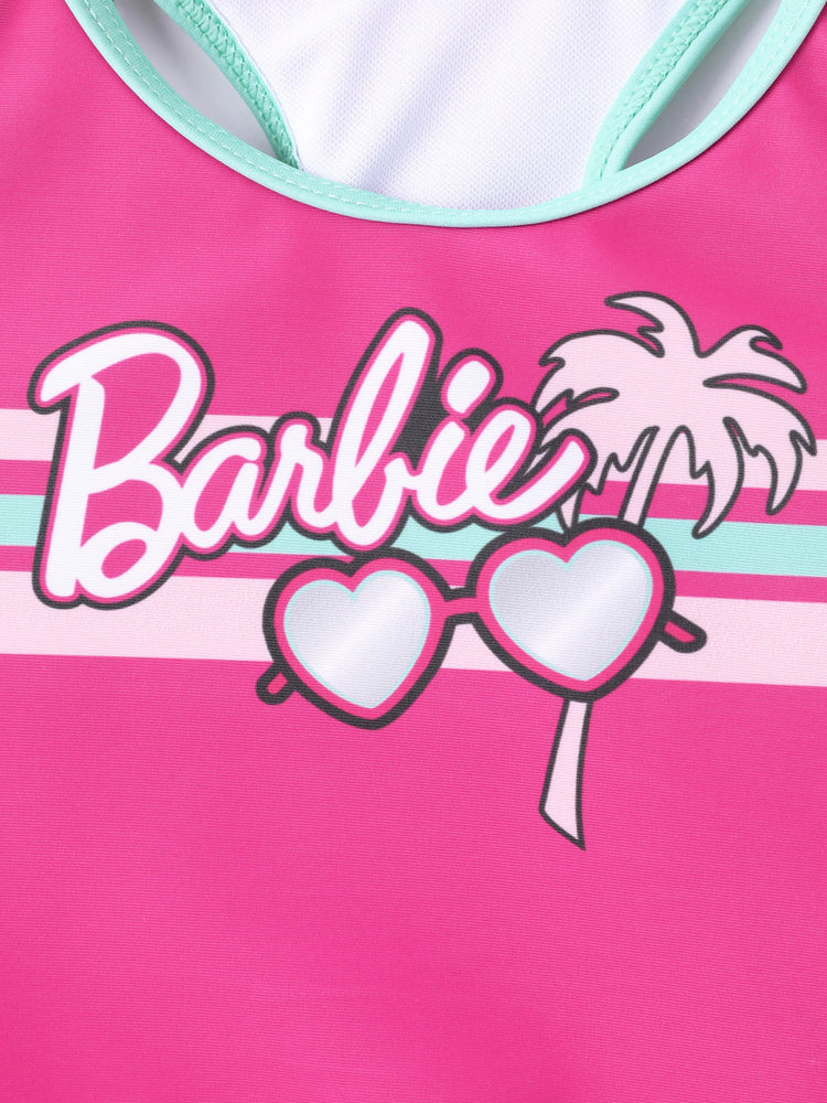 Ensemble maillot de bain 2 pièces Barbie pour petite fille, avec lunettes à rayures, imprimé cocotier, débardeur et short à nœud papillon, protection UPF 50+, rose vif