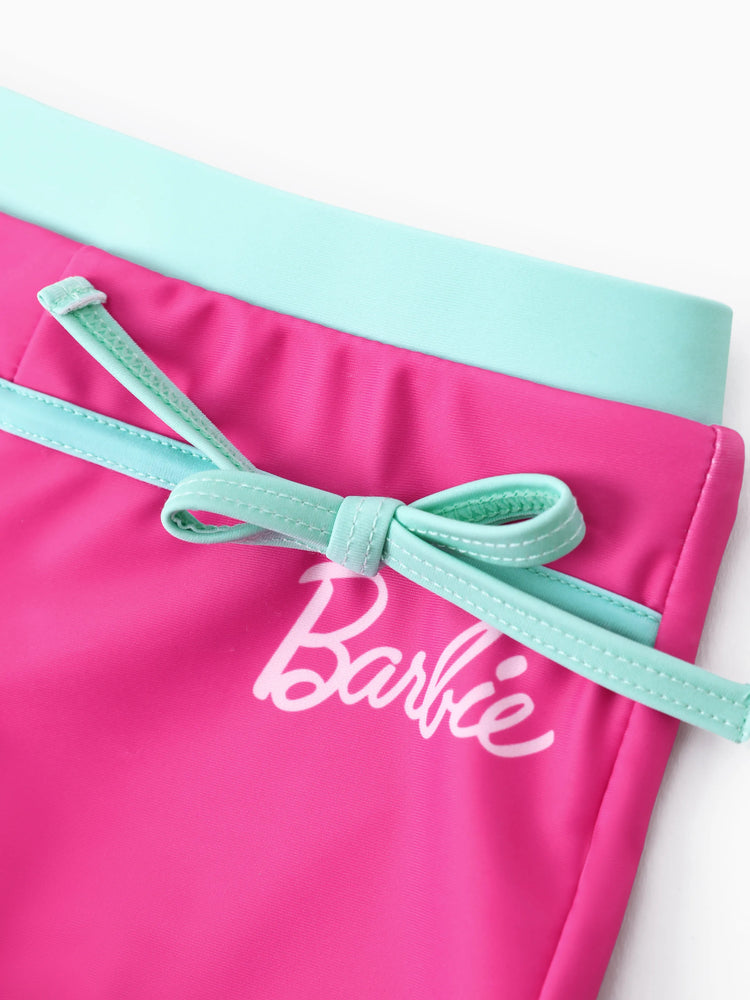 Ensemble maillot de bain 2 pièces Barbie pour petite fille, avec lunettes à rayures, imprimé cocotier, débardeur et short à nœud papillon, protection UPF 50+, rose vif