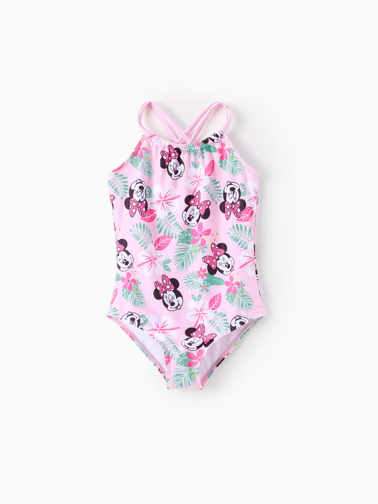 Traje de baño rosa con estampado floral de Minnie Mouse, protección solar UPF 50+, de Disney Mickey y sus amigos, para niñas pequeñas/niñas.