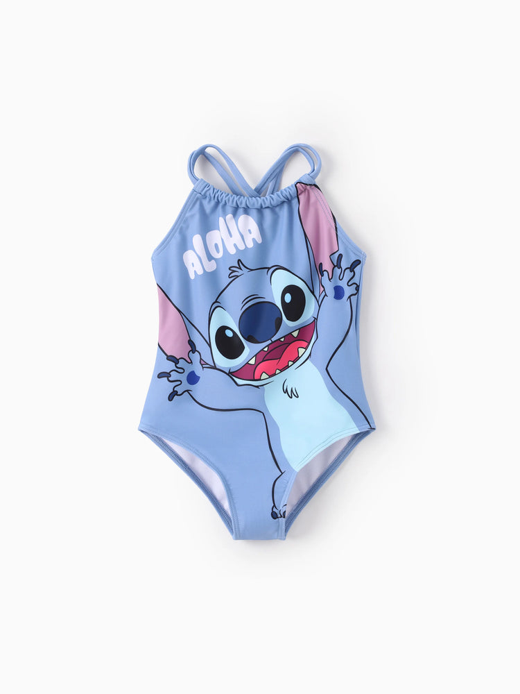 Maillot de bain 1 pièce Disney Stitch pour petite fille, motif floral, épaules dénudées, UPF 50+, bleu roi
