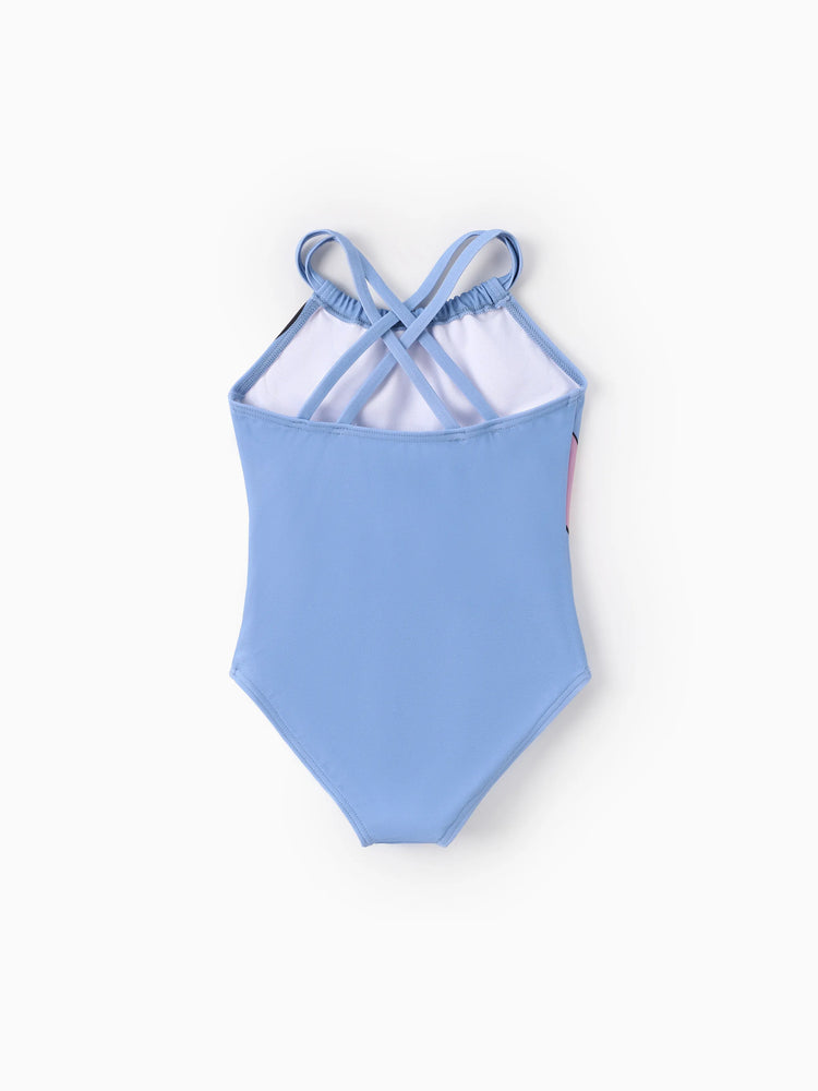 Maillot de bain 1 pièce Disney Stitch pour petite fille, motif floral, épaules dénudées, UPF 50+, bleu roi