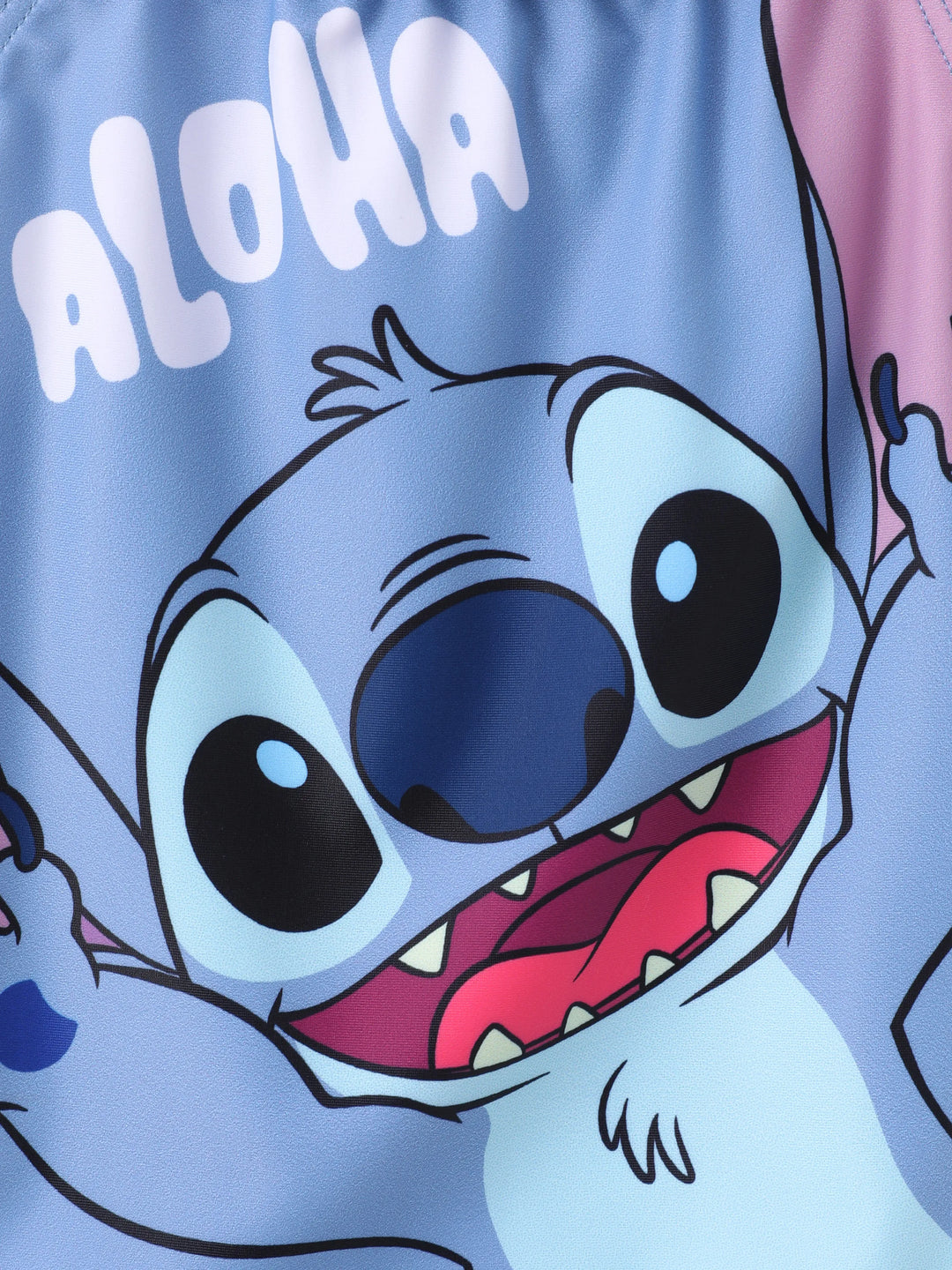 Traje de baño Disney Stitch para niña pequeña, estampado floral grande, hombros descubiertos, UPF 50+, azul rey, 1 pieza