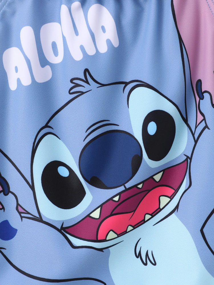 Maillot de bain 1 pièce Disney Stitch pour petite fille, motif floral, épaules dénudées, UPF 50+, bleu roi
