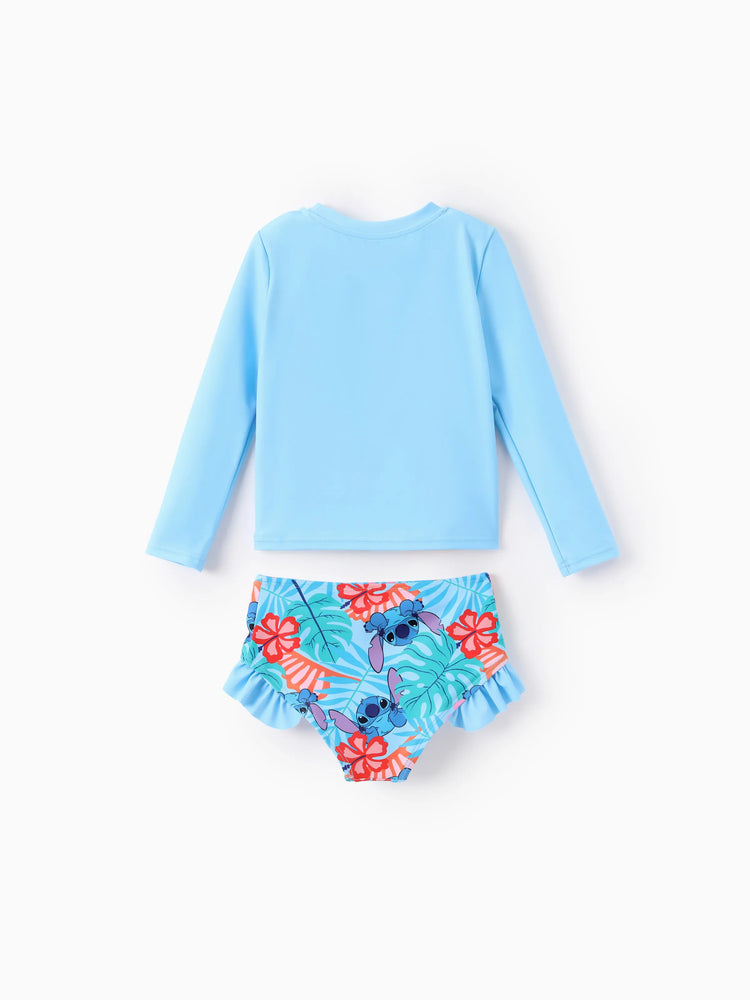 Disney Stitch Kleinkind/Kind Mädchen Tropische Pflanze Rüschen 2 Stück UPF 50+ Badeanzug  blau