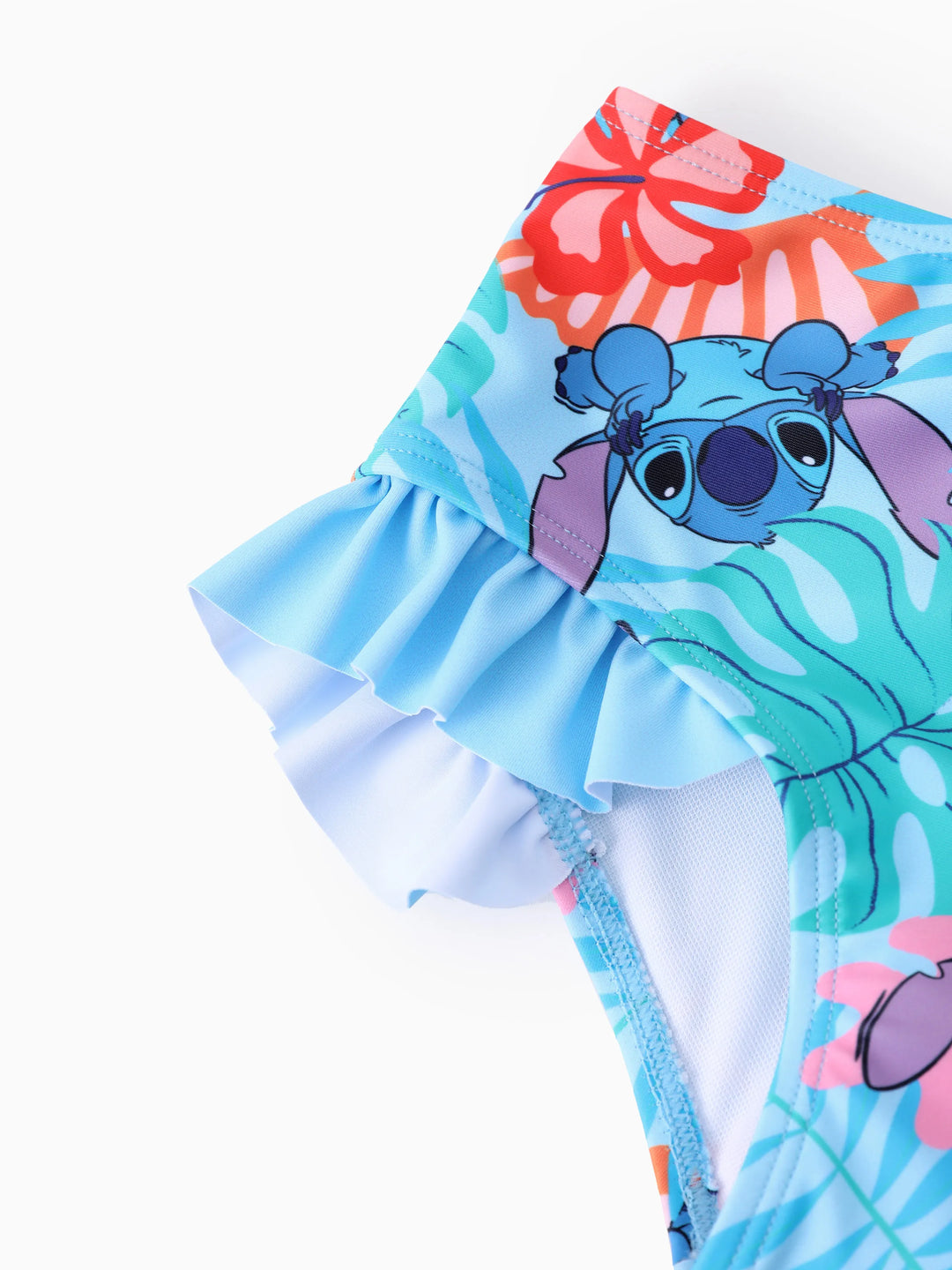 Disney Stitch Toddler/Kid Girl Tropical Plant Ruffle 2pcs UPF 50+ Swimsuit Blue