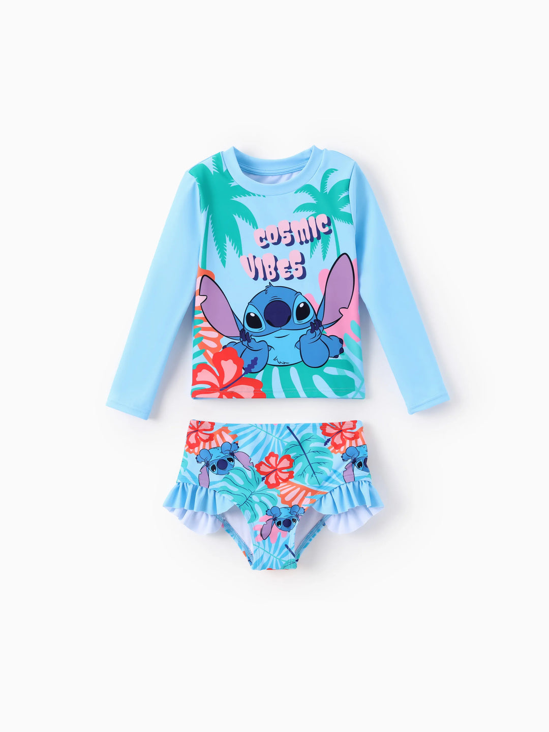 Disney Stitch Toddler/Kid Girl Tropical Plant Ruffle 2pcs UPF 50+ Swimsuit Blue