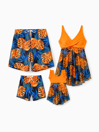 Family Matching Floral Drawstring Swim Trunks or Flowy Spliced Mesh One-piece Swimsuit Orange