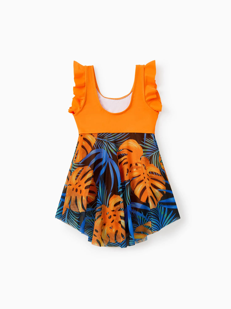 Traje de baño familiar a juego con cordón floral o traje de baño de una pieza de malla fluida con empalmes, color naranja