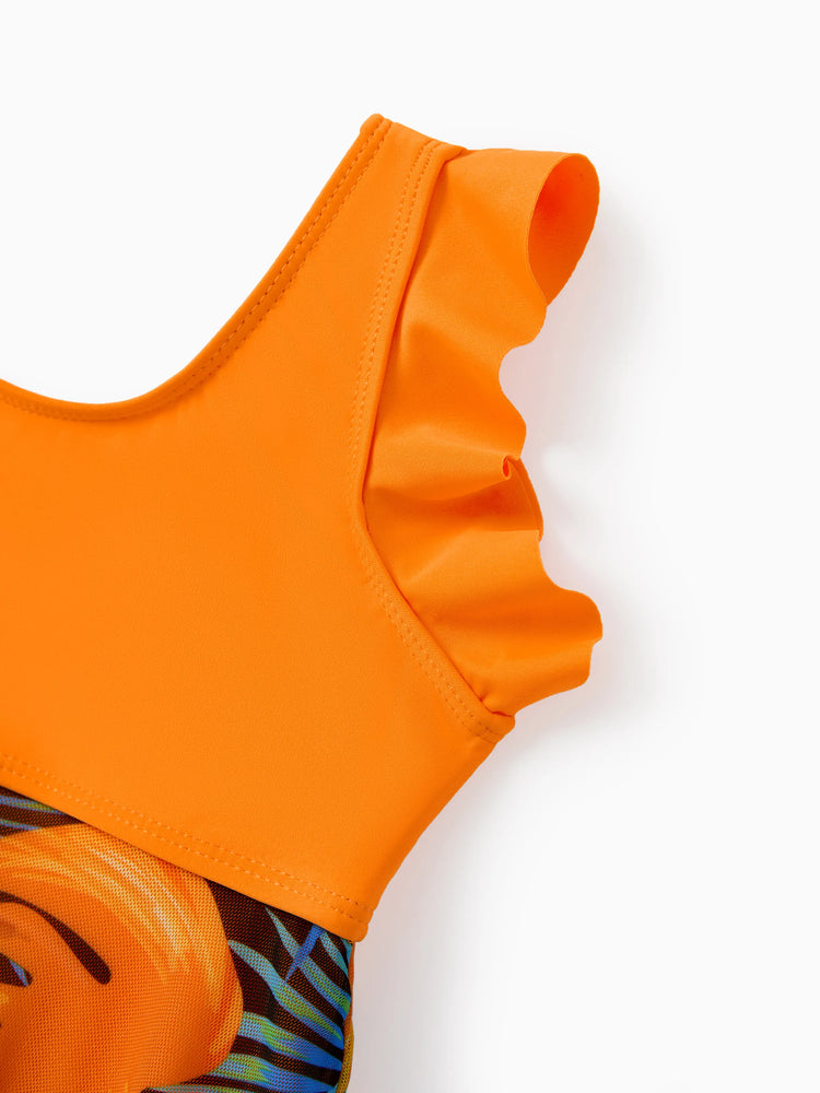 Traje de baño familiar a juego con cordón floral o traje de baño de una pieza de malla fluida con empalmes, color naranja