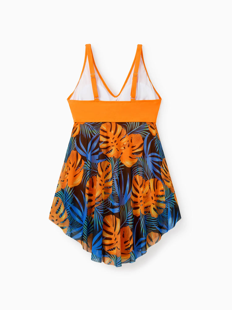 Traje de baño familiar a juego con cordón floral o traje de baño de una pieza de malla fluida con empalmes, color naranja