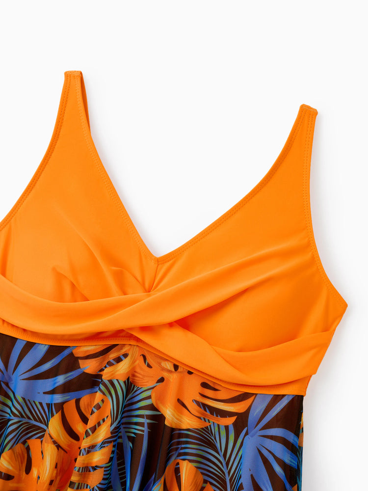 Traje de baño familiar a juego con cordón floral o traje de baño de una pieza de malla fluida con empalmes, color naranja
