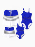 Family Matching Blue Drawstring Swim Trunks or Blue One-Piece Strap Swimsuit
 Blue