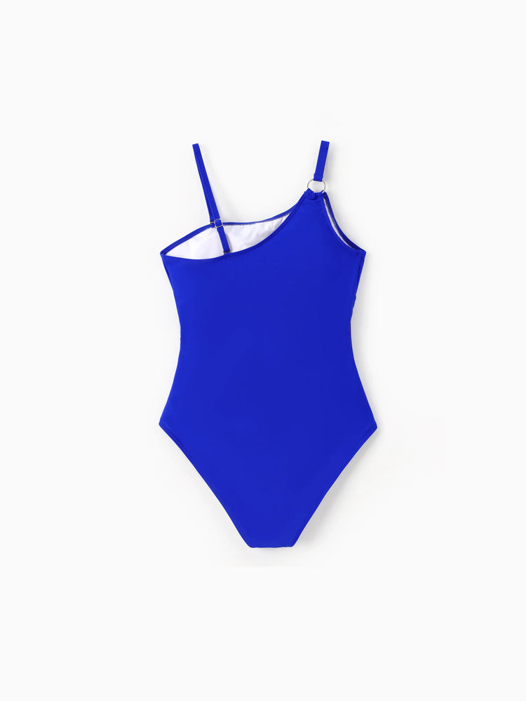 Family Matching Blue Drawstring Swim Trunks or Blue One-Piece Strap Swimsuit
 Blue