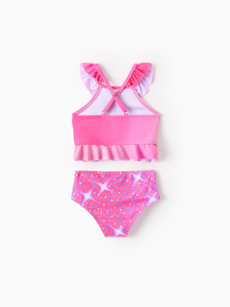 Conjunto de traje de baño de 2 piezas para niña pequeña de Disney, con estampado floral de lunares y flores de Ariel, Moana, Rapunzel, Tiana y Beller, con protección solar UPF 50+, color rosa