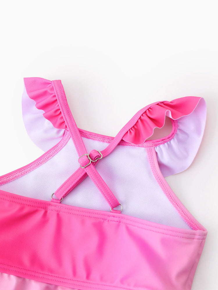 Conjunto de traje de baño de 2 piezas para niña pequeña de Disney, con estampado floral de lunares y flores de Ariel, Moana, Rapunzel, Tiana y Beller, con protección solar UPF 50+, color rosa