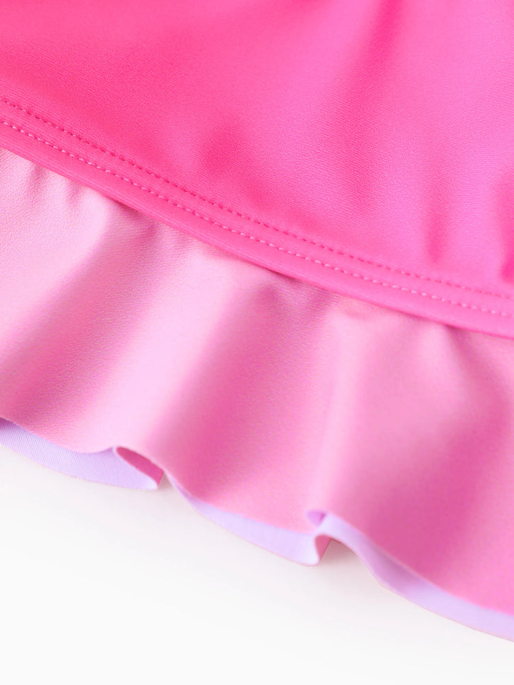 Conjunto de traje de baño de 2 piezas para niña pequeña de Disney, con estampado floral de lunares y flores de Ariel, Moana, Rapunzel, Tiana y Beller, con protección solar UPF 50+, color rosa