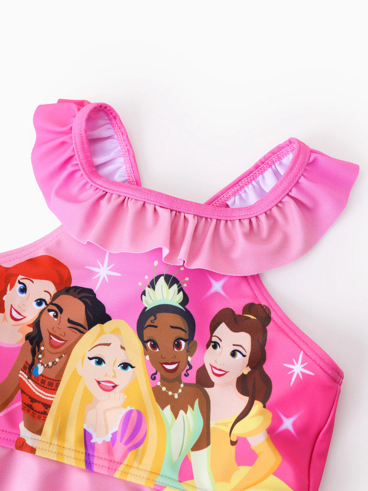 Conjunto de traje de baño de 2 piezas para niña pequeña de Disney, con estampado floral de lunares y flores de Ariel, Moana, Rapunzel, Tiana y Beller, con protección solar UPF 50+, color rosa