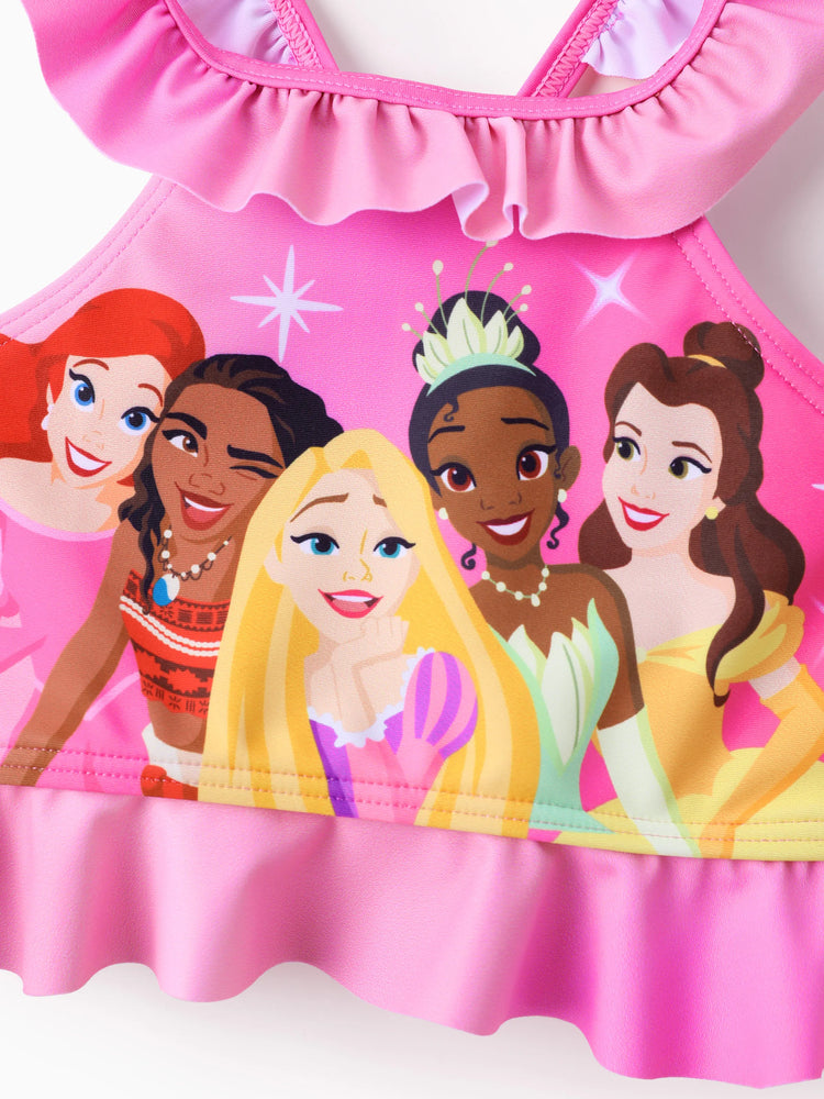Conjunto de traje de baño de 2 piezas para niña pequeña de Disney, con estampado floral de lunares y flores de Ariel, Moana, Rapunzel, Tiana y Beller, con protección solar UPF 50+, color rosa