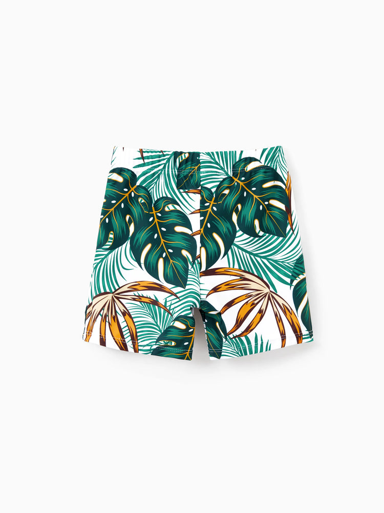 Family Matching Allover Plants Print Swim Trunks Shorts and V Neck Spaghetti Strap Splicing One-Piece Swimsuit Dark Green