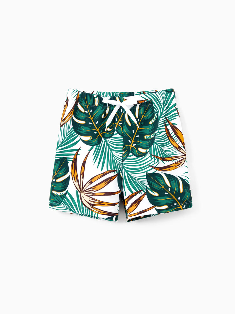 Daddy & Son Allover Plants Print Swim Trunks Shorts  Dark Green
