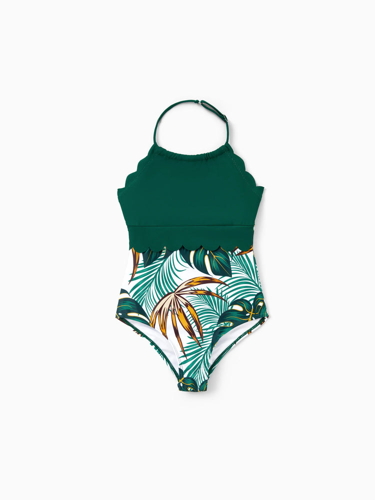 Family Matching Allover Plants Print Swim Trunks Shorts and V Neck Spaghetti Strap Splicing One-Piece Swimsuit Dark Green