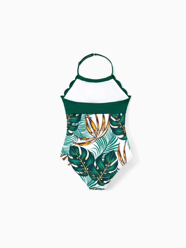 Family Matching Allover Plants Print Swim Trunks Shorts and V Neck Spaghetti Strap Splicing One-Piece Swimsuit Dark Green