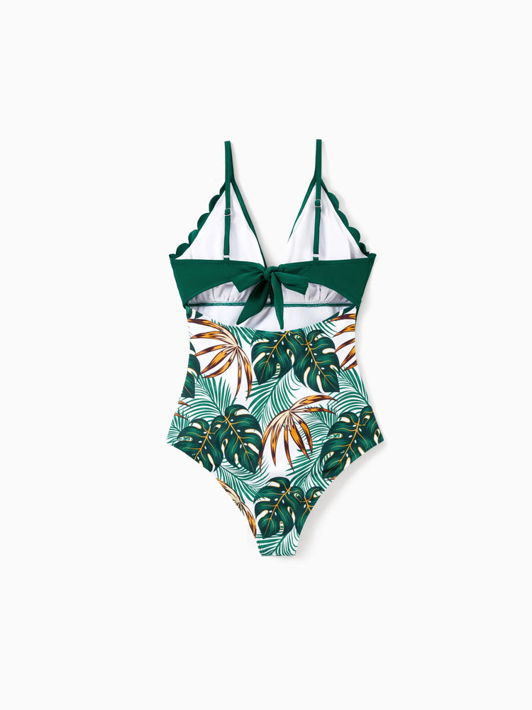 Family Matching Allover Plants Print Swim Trunks Shorts and V Neck Spaghetti Strap Splicing One-Piece Swimsuit Dark Green