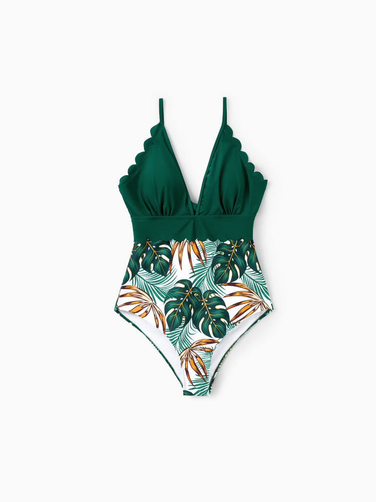 Mommy & me Allover Plants Print V Neck Spaghetti Strap Splicing One-Piece Swimsuit Dark Green