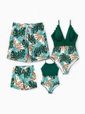 Family Matching Allover Plants Print Swim Trunks Shorts and V Neck Spaghetti Strap Splicing One-Piece Swimsuit Dark Green