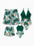 Family Matching Allover Plants Print Swim Trunks Shorts and V Neck Spaghetti Strap Splicing One-Piece Swimsuit Dark Green