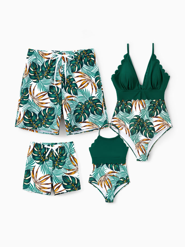 Family Matching Allover Plants Print Swim Trunks Shorts and V Neck Spaghetti Strap Splicing One-Piece Swimsuit Dark Green