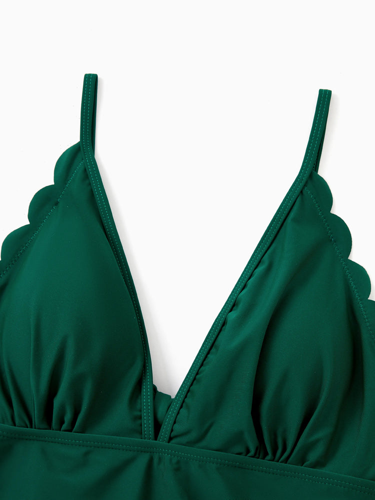 Mommy & me Allover Plants Print V Neck Spaghetti Strap Splicing One-Piece Swimsuit Dark Green