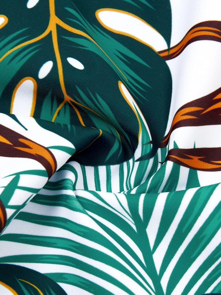 Family Matching Allover Plants Print Swim Trunks Shorts and V Neck Spaghetti Strap Splicing One-Piece Swimsuit Dark Green