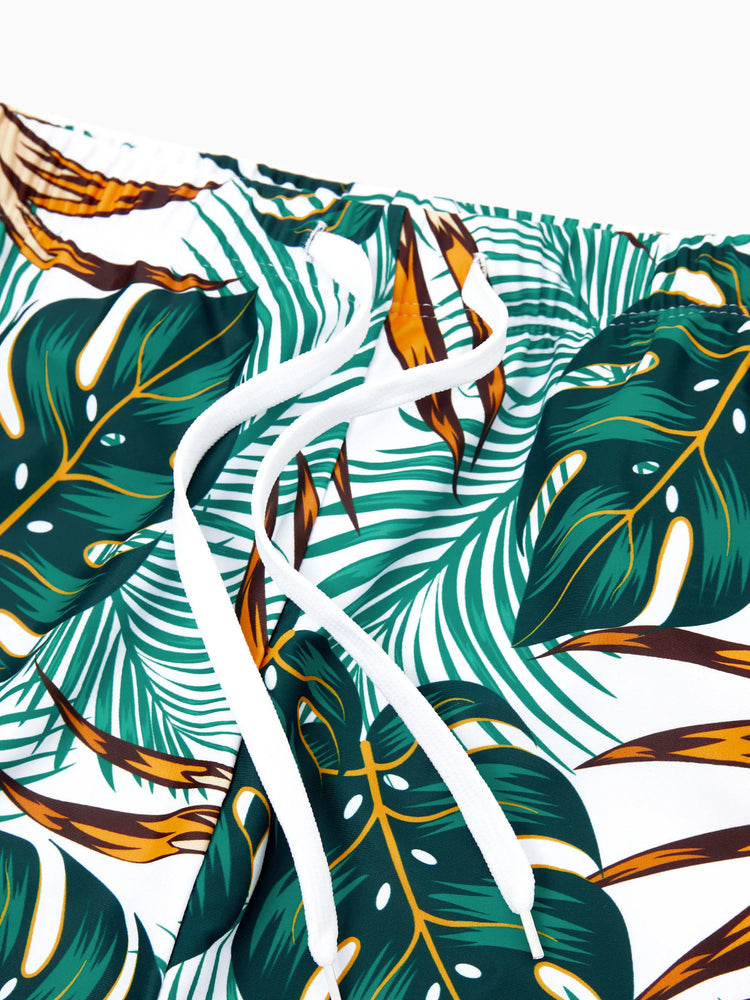 Daddy & Daughter Allover Plants Print Swim Trunks Shorts and Spaghetti Strap Splicing One-Piece Swimsuit Dark Green
