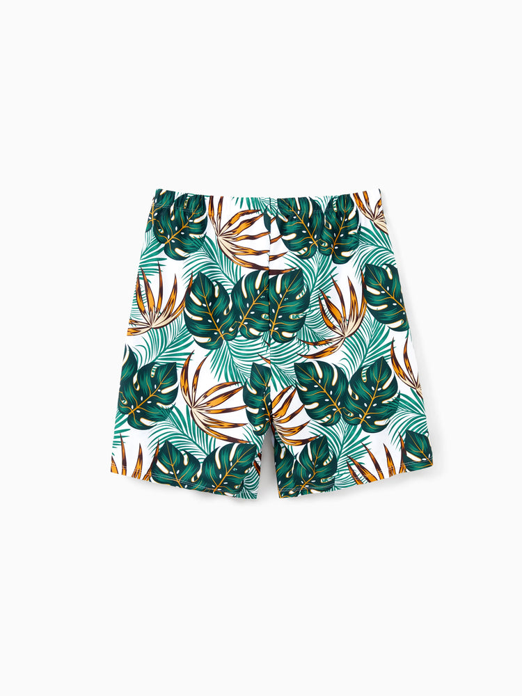 Family Matching Allover Plants Print Swim Trunks Shorts and V Neck Spaghetti Strap Splicing One-Piece Swimsuit Dark Green