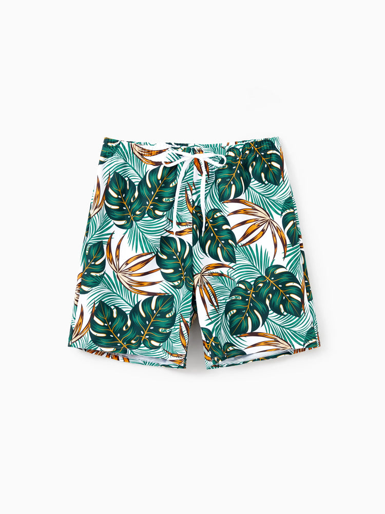 Family Matching Allover Plants Print Swim Trunks Shorts and V Neck Spaghetti Strap Splicing One-Piece Swimsuit Dark Green
